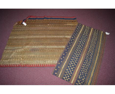 A mid 20th Century Tapis, Polynesian, possibly Lampung, Indonesian panel, heavy gold coloured metal thread geometric brocadin