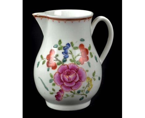A Worcester porcelain sparrow beak jug, c1770, painted in polychrome colours with floral sprays, the central pink rose outlin