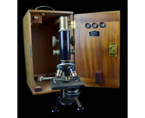 A Hearson London No.695 microscope in fitted wooden case, with label of Clarkson's Scientific Instruments, London, with key (