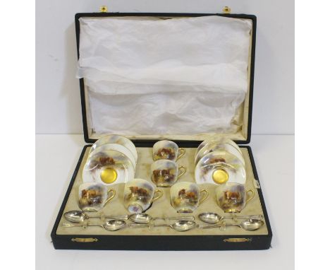 A Royal Worcester porcelain cased coffee set for six places, signed H.Stinton, painted with highland cattle, with six silver 