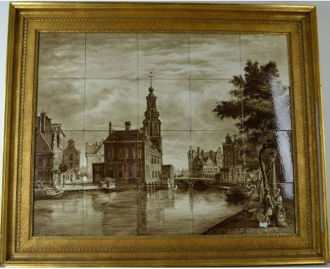 A Dutch Delft tile panel, canal scene, probably Amsterdam, in sepia tones, five by four arrangement, mounted in a giltwood fr