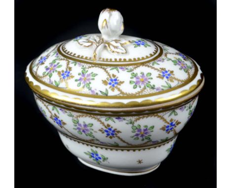 A French porcelain miniature sucrier, oval painted in Sevres style with leafy angouleme swags, in tones of puce and blue with