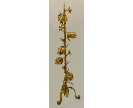 A freestanding gilt lamp base, with five lights formed as flower heads, evenly spaced along the length, clematis style flower