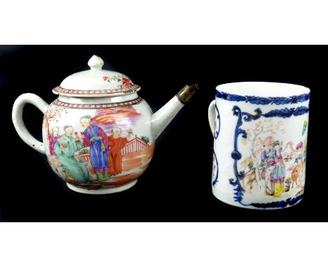 A Chinese export porcelain teapot and a cover, decorated in Mandarin palette with figures, white metal repair to spout; and a