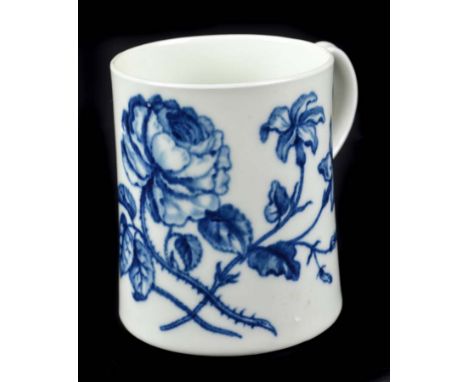 A Worcester porcelain mug, c1765, of tapered cylindrical form, printed in blue with 'The Thorny Rose' pattern, hatched cresce