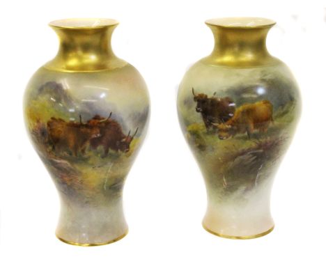 A pair of Royal Worcester porcelain vases signed H.Stinton, shape number 2471, painted with highland cattle in a misty highla
