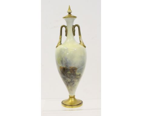 A Royal Worcester porcelain vase and cover, signed Stinton, shape no.2709, registered design number 669186, painted with high
