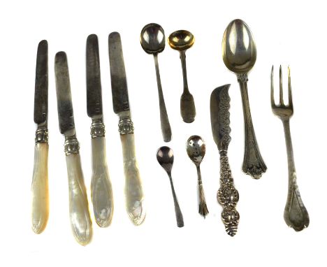 Various items of silver table silver includes four Georgian silver bladed knives with mother of pearl handles; butter knife; 