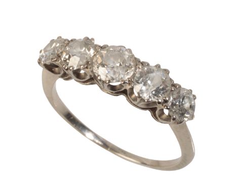 A FIVE STONE DIAMOND RING five graduated round-cut diamonds, c.1.46ct total weight, claw-set on an unmarked white gold shank,