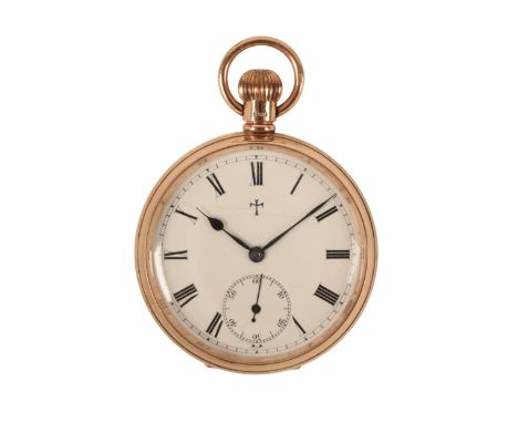 A 9CT GOLD OPEN FACE POCKET WATCH with keyless wind movement, the white enamel dial with Roman numerals and subsidiary second