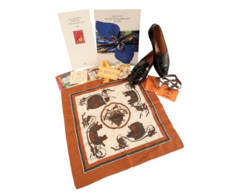 HERMES, PARIS: A PAIR OF BLACK PATENT SHOES size 38 and a half, together with various "Hermes booklets, cards, ribbons, roset