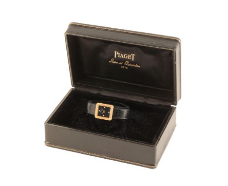 PIAGET: A LADY'S 18CT GOLD WRISTWATCH with manual wind movement, the black dial with diamond baton numerals, no. 4154 333965,