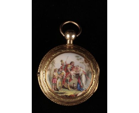 A GOLD CASED POCKET WATCH, with gold dial and gold Roman numerals, the enamel decorated reverse depicting the scene of a youn