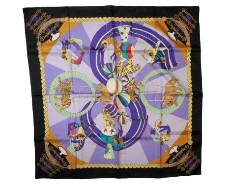 HERMES, PARIS: A "CIRCUS" SILK SCARF 88cm x 88cm, contained in a "Hermes" plastic bag