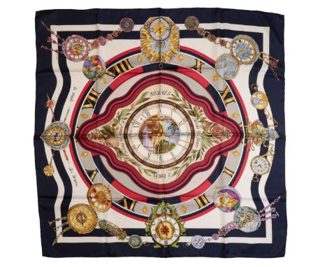 HERMES, PARIS: A "LA ROND DES HEURES" SILK SCARF 88cm x 88cm, contained in a "Hermes" plastic bag