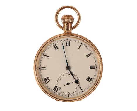 A 9CT GOLD GENTLEMAN'S OPEN FACE  POCKET WATCH with keyless wind movement, the white enamel dial with black Roman numerals an