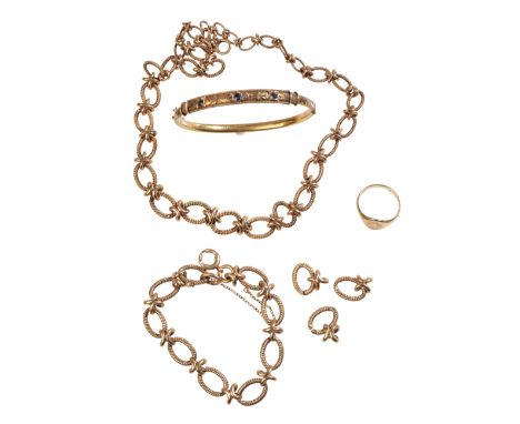 A 9CT GOLD NECKLACE AND MATCHED BRACELET together with a 9ct gold signet ring, approx 61.1grams total weight, and an unmarked