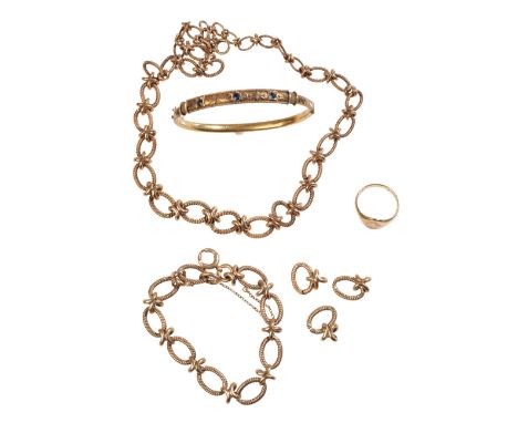 A 9CT GOLD NECKLACE AND MATCHED BRACELET together with a 9ct gold signet ring, approx 61.1grams total weight, and an unmarked