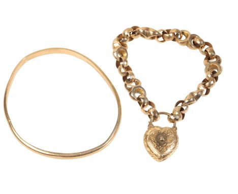 AN UNMARKED YELLOW METAL CHAIN-LINKED BRACELET WITH PADLOCK CLASP together with a 9ct gold bangle, approx 23.3grams total wei