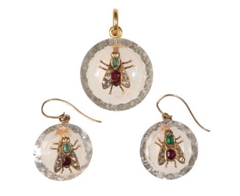 A SUITE OF VICTORIAN INSECT JEWELLERY: COMPRISING  A PENDANT AND MATCHING EARINGS each insect set with a ruby body, diamond w