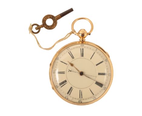 AN 18CT GOLD GENTLEMAN'S OPEN FACE POCKET WATCH with key-wind movement, the white enamel dial with black Roman numerals, gold