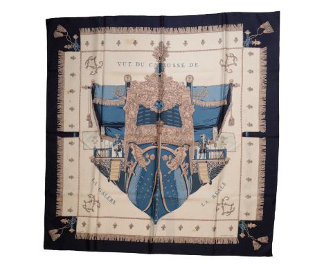 HERMES, PARIS: A "VUE DU CAROSSE DE LA GALERE LA REALE" SILK SCARF 88cm x 88cm, contained in a "Hermes Paris" plastic bag