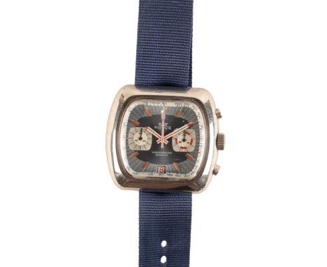 ROYCE: A GENTLEMAN'S STAINLESS STEEL CHRONOGRAPH WRISTWATCH with manual wind movement, the two-tone blue dial with white doub