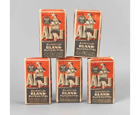 ALU Blank-Putzmittel 5 Original Packungen *Wollenwebers Aluminium Blankputzmittel, Hersteller Max Kirchhübel Karl-Marx-Stadt,
