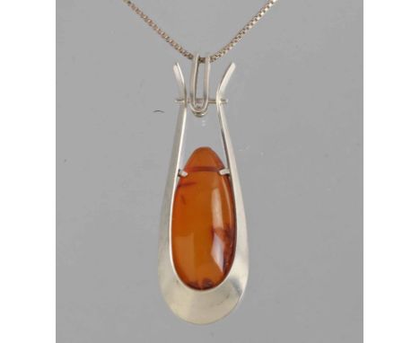 Fischland Bernstein Anhänger an kette Anhänger punziert Silber 835 sowie Fischmarke Fischlandschmuck, großer Bernstein-Tropfe