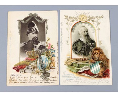 2 Prägedruck Karten Bayern 1901 teils mit goldstaffierte und farbig lithographierte Prägedruckkarten, je mit SW-Portrait, dab