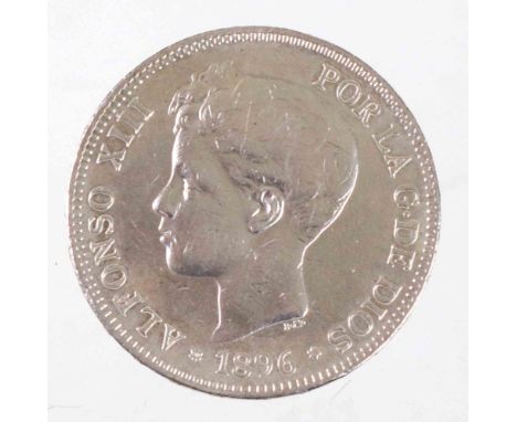 5 Pesetas Spanien 1896 Silbermünze, Jugend-Portrait König Alfonso XIII. Porla G. de Dios so auch umlaufend mit 1896 bez., ums