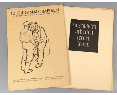 Grafikmappe zu Ehren der zweiten Arbeiterfestspiele mit Vorblatt *Sozialistich arbeiten lernen leben*, 12 Originalgrafiken zu