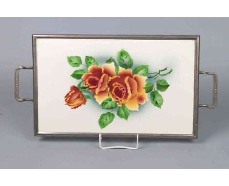 Art Deko Spritzdekor Tablett Feinsteinzeug mit Prägenr. 3220325, rechteckige Platte mit Rosenblüten Spritzdekor, in Metallrah