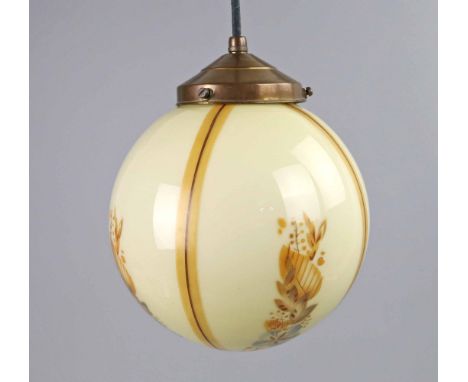 Art Deco Deckenlampe um 1930 Kugel Lampenschirm aus farblosem Glas, weiß opaker und elfenbeinfarbiger Innenüberfang, blaue un