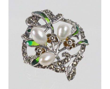 Art Deco Brosch/Anhänger punziert Silber 925, ca. 5 Gramm, floral gestaltete Silberbrosche mit 6 transluzid grün emaillierten