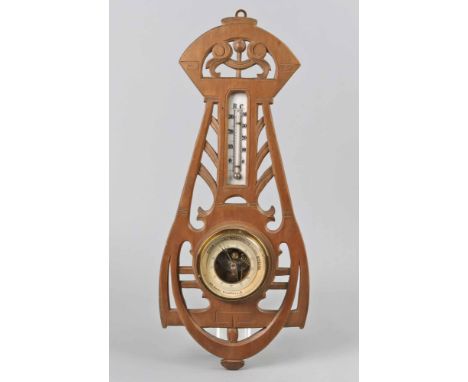 Jugendstil Barometer um 1910 Nußbaum, in klassischer Jugendstil Linienführung geschwungene Form, Barometer mit Hersteller *Al