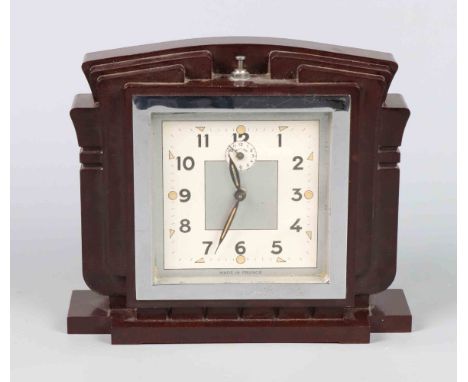 Französische Art Deco Bakelit Uhr *JAZ* großes dunkelrotbraunes Bakelit Gehäuse in klassischer mehrstufiger Art Deko Ausführu