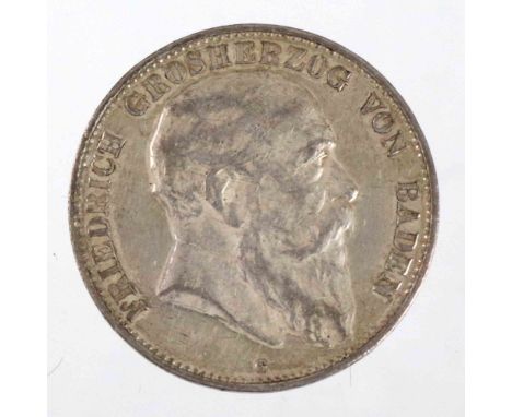 5 Mark Friedrich Grossherzog von Baden 1902 G Silbermünze Fünf Mark Deutsches Reich 1902 G, so um gekrönten Reichsadler mit B
