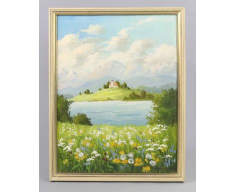 Am Waginger See - Herzing, Minni Öl auf Hartfaser rechts unten signiert Minni Herzing, umseitig ortsbezeichnet, Blumenmalerin
