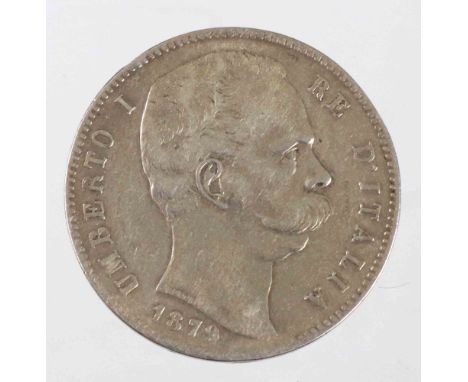 5 Lire Italien 1879 Silbermünze, Portrait König Umberto I. Re d' Italia so auch umlaufend mit 1879 bez., umseitige Wertangabe