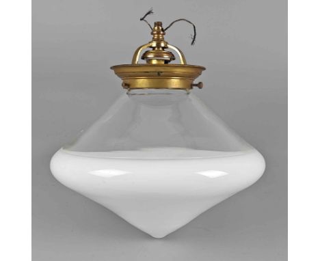 Art Deko Deckenlampe 1930er Jahre doppelkonische Form aus mundgeblasenem Klarglas sowie mit weißopakem Überfang, Ø ca. 26 cm,