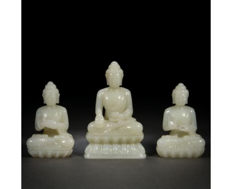 A Set of Three Carved Jade Trinity Buddha H 11cm; W 7cm; 660g