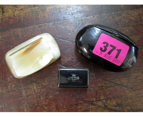 Two 19th century papermache snuff boxes and a horn snuff box