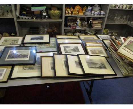A mixture of framed and glazed prints and etchings to include prints depicting ruins, castles and Georgian houses, together w