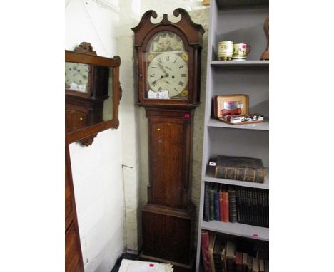 A George III oak longcase clock, the hood having a swan neck pediment over an arched door and box base, on a plinth, the eigh