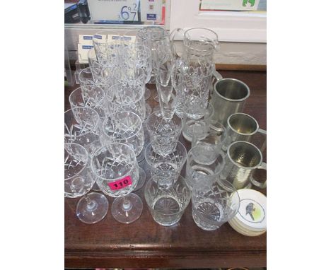 Mixed cut glass tableware, pewter tankards and four Royal Worcester coasters