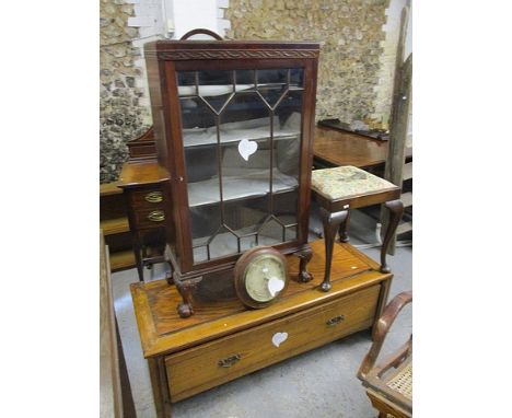 An early 20th century mahogany bookcase, together with the base of an Arts & Crafts oak wardrobe, a barometer and a stool