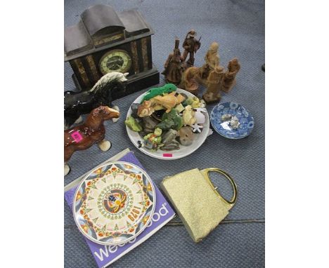 Two china shire horses, treen and pottery figures, a collection of ornamental toads and frogs, a Wedgwood 1979 Calendar plate