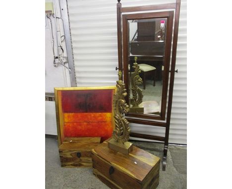 A mahogany cheval mirror, two teak boxes, a table lamp and an abstract oil on canvas