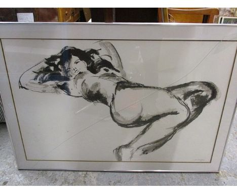 A large print depicting a reclining nude female, signed indistinctly to the lower right corner, 29 1/4 x 42 3/4, framed A/F